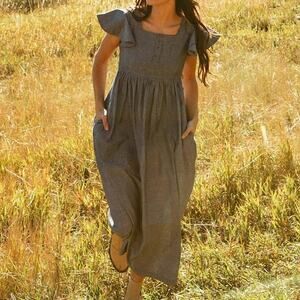 Albion Hailey Maxi Dress Black Chambray Smocked Flutter Sleeve L Cottagecore NWT